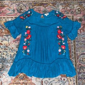 Umgee | Floral Embroidered Blue Tunic Size Medium